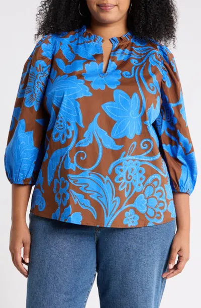 Sugarlips Ofelia Floral Kiley Split Neck Top In Brown-blues