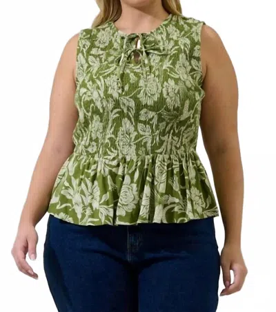 Sugarlips Olivia Floral Smocked Peplum Top - Plus In Olive In Green