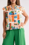 Sugarlips Palm Ruffle Split Neck Blouse In Multi