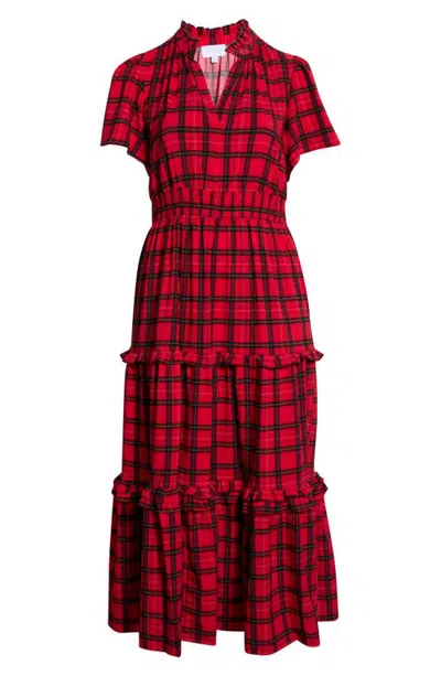 Sugarlips Palmer Plaid Smocked Waist Tiered Maxi Dress In Red