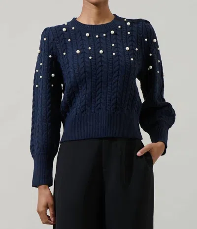 Sugarlips Pearl Round Neck Sweater In Navy