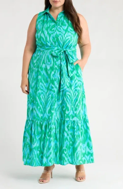 Sugarlips Penola Cileah Woodcut Floral Print Cotton Maxi Dress In Green