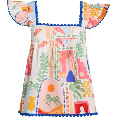Sugarlips Petrolia Town Ada Embroidered Scalloped Trim Flutter Sleeve Cotton Top In Multi