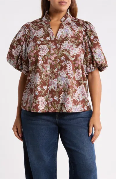 Sugarlips Pipa Bubble Sleeve Top In Brown-floral