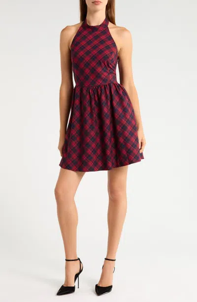 Sugarlips Plaid Halter Neck Fit & Flare Dress In Red-mul