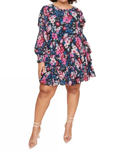 Sugarlips Plus Wild Floral Bubble Sleeve Ruffle Mini Dress Curve In Black Multi