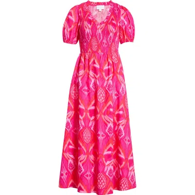 Sugarlips Prissa Ikat Brenty Smocked Midi Dress In Pink