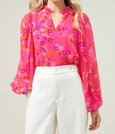 Sugarlips Punch Of Poppy Split Neck Blouse In Red In Pink