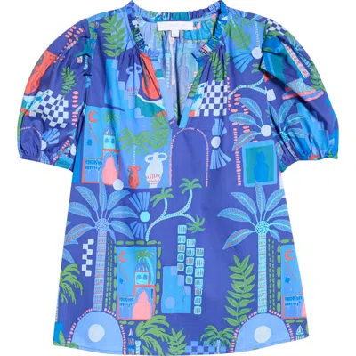 Sugarlips Punta Alta Berisa Split Neck Puff Sleeve Cotton Top In Blue