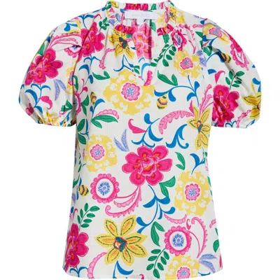 Sugarlips Punta Alta Berisa Split Neck Puff Sleeve Cotton Top In Multi