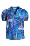 Sugarlips Punta Alta Puff Sleeve Cotton Top In Blue