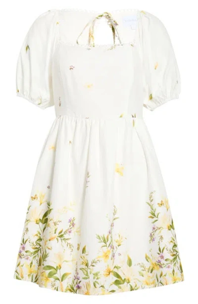 Sugarlips Raina Floral Print Puff Sleeve Flare Dress In White