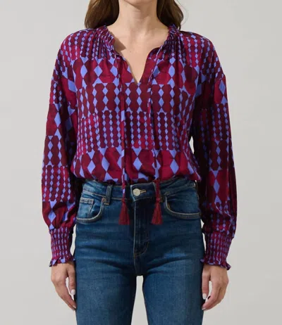 Sugarlips Ramsay Abstract Weylin Split-neck Blouse In Burgundy & Blue In Red