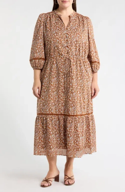 Sugarlips Ramsey Ditsy Harmy Drawstring Waist Midi Dress In Brown