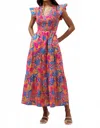 Sugarlips Ranchero Floral Sunfire Smocked Bodice Tiered Midi Dress In Blue Orange In Multi