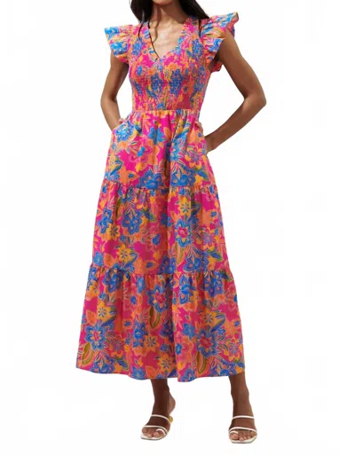 Sugarlips Ranchero Floral Sunfire Smocked Bodice Tiered Midi Dress In Blue Orange In Multi