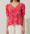 Sugarlips Rania Floral Chancellor Ruched Sleeve Blouse In Red / Pink In Multi