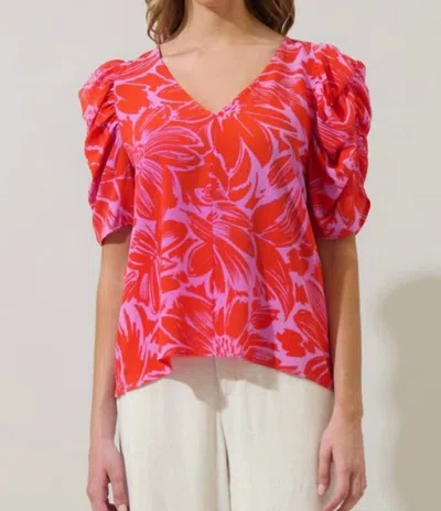 Sugarlips Rania Floral Chancellor Ruched Sleeve Blouse In Red / Pink In Multi