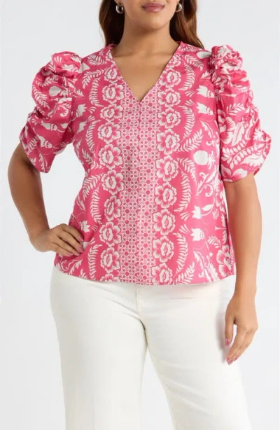 Sugarlips Rania Floral Chancellor Ruched Sleeve Cotton Top In Pink