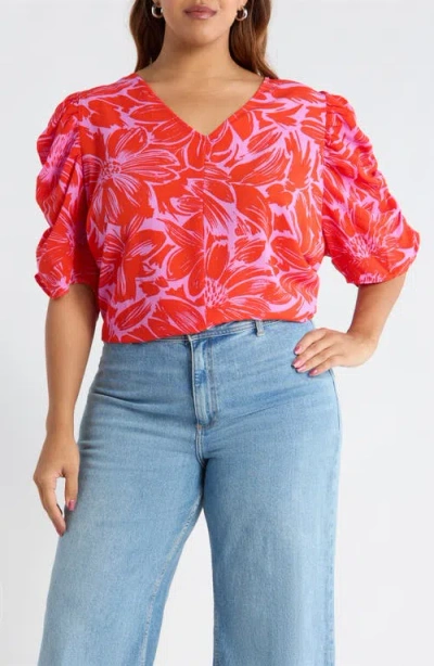 Sugarlips Rania Floral Chancellor Ruched Sleeve Top In Red