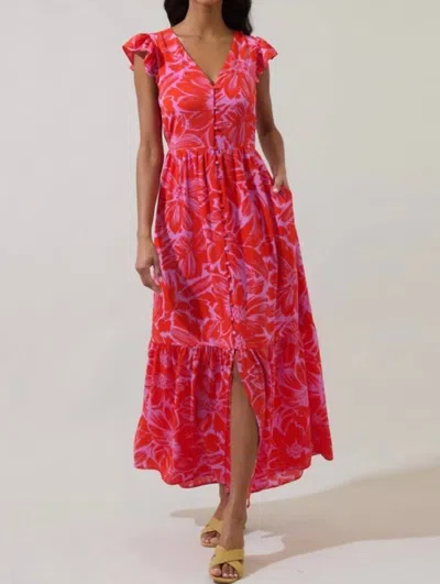 Sugarlips Rania Floral Evianna Flutter Maxi Dress In Pink/ Red Multi