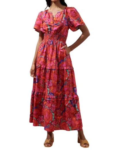 Sugarlips Raveena Floral Palmer Poplin Tiered Maxi Dress In Burgundy Multi