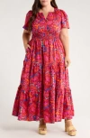 Sugarlips Raveena Floral Palmer Poplin Tiered Maxi Dress In Burgundy Multi In Brown