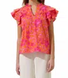 Sugarlips Rea Floral Emery Split Neck Top In Orange/fuchsia In Red
