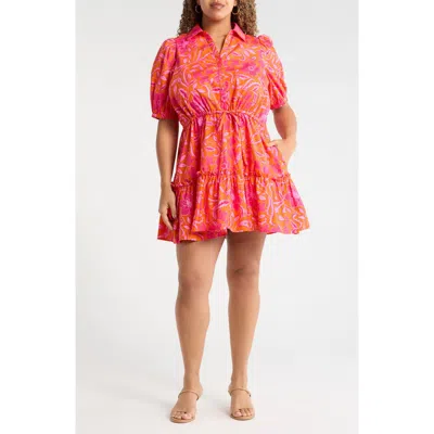 Sugarlips Rea Floral Stacie Puff Sleeve Button-up Cotton Minidress In Multi