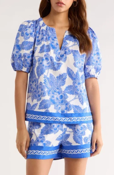 Sugarlips Rency Floral Billy Puff Sleeve Top In Blue