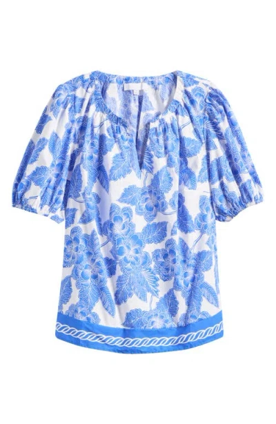 Sugarlips Rency Floral Gily Puff Sleeve Cotton Top In Blue