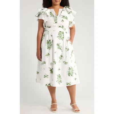 Sugarlips Ria Floral Santana Tie Back Cotton Midi Dress In White
