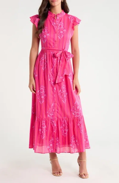 Sugarlips Riah Floral Belted Cotton Button-up Maxi Dress In Pink
