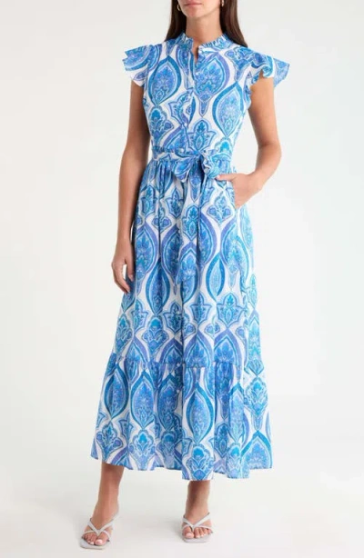 Sugarlips Riah Print Belted Cotton Button-up Maxi Dress In White-blues-combo