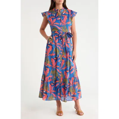 Sugarlips Riah Tropical Print Button-up Tiered Maxi Dress In Blue