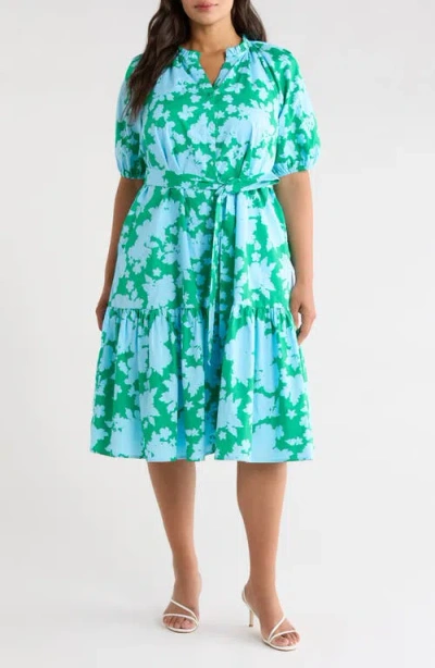 Sugarlips Riona Floral Wynette Tiered Midi Dress In Blue