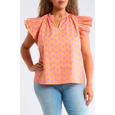 Sugarlips Risette Floral Tiered Ruffle Sleeve Top In Orange