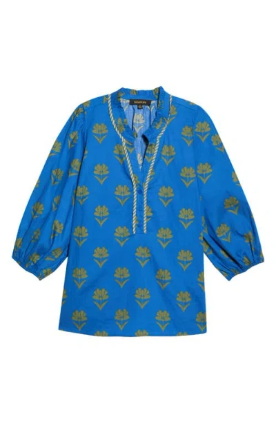 Sugarlips Robin Floral Print Split Neck Blouse In Blue