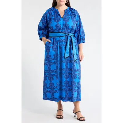 Sugarlips Romery Puff Sleeve Cotton Maxi Dress In Blue