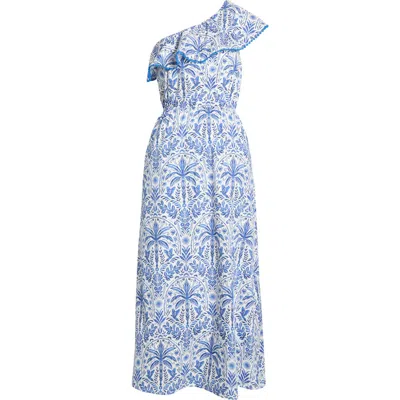 Sugarlips Romina Tropical Print One-shoulder Cotton Dress In Blue