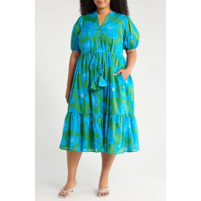 Sugarlips Rori Floral Beth Tiered Cotton Midi Dress In Blue