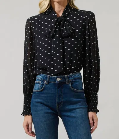 Sugarlips Rosaly Bow Etienne Tie Neck Long Sleeve Blouse In Black/white