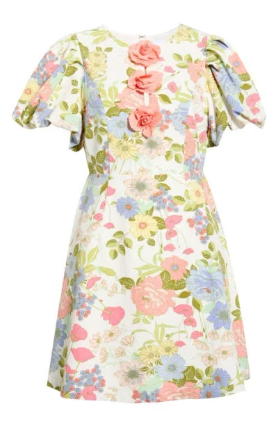 Sugarlips Esther Floral Rosette Bubble Sleeve Mini Dress In Cream Multi