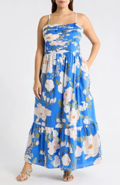 Sugarlips Roswell Sima Pleated Floral Maxi Dress In Blue