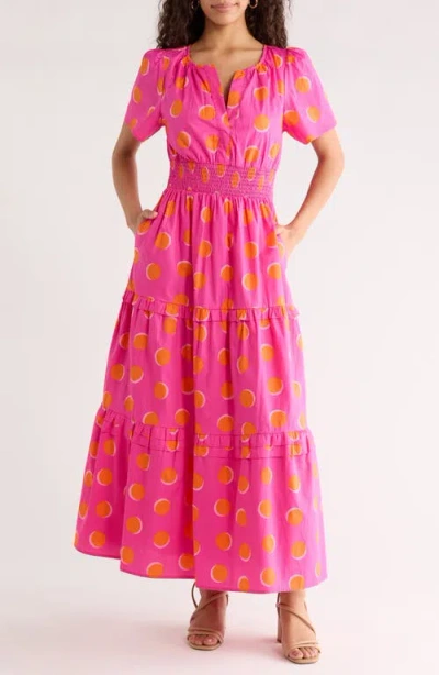 Sugarlips Rosy Polka Dot Tiered Cotton Poplin Maxi Dress In Pink