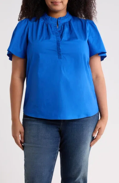 Sugarlips Ruffle Trim Cotton Poplin Shirt In Blue