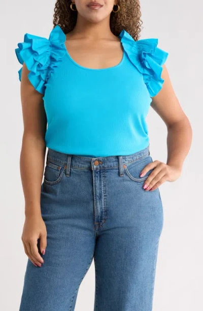 Sugarlips Ruffled Short Sleeve Mixed Media Top In Blue