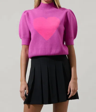 Sugarlips Russel Heart Puff Sleeve Sweater In Purple In Pink