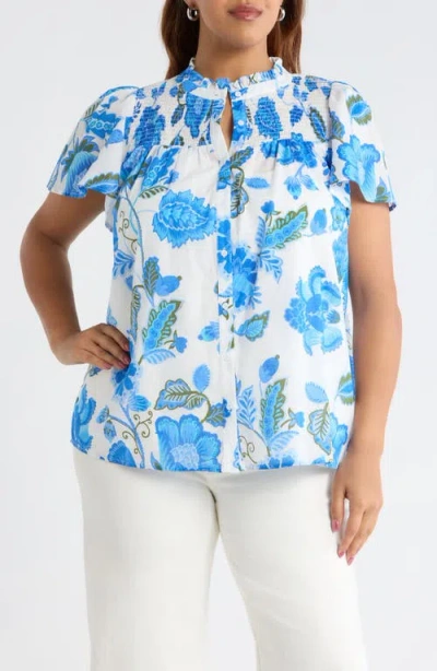 Sugarlips Samian Floral Romy Mock Neck Top In Blue