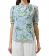 Sugarlips Sara Bloom Tie Neck Blouse In Wht-greens In Blue